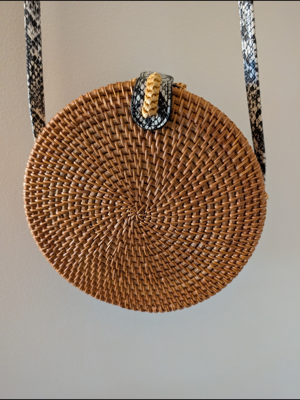 Woven Round Crossbody Bag with Black Snake-Print Strap